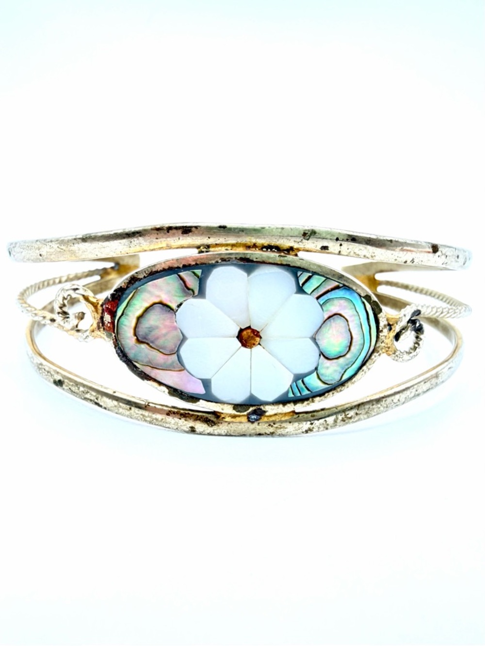 Vintage Mexico Abalone Flower Inlay Cuff Bracelet Southwestern Boho